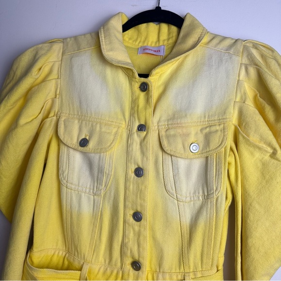 novan Yellow Ombre Dallas Puffy Shoulder Button Front Raw Hem Denim Dress NWT S - Picture 7 of 16